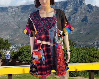 M- L-XL-2XL Cotton dress upcycled clothing colorful hippie dress top patchwork dress linin party dress midi fun eco tunic top art shirt y2