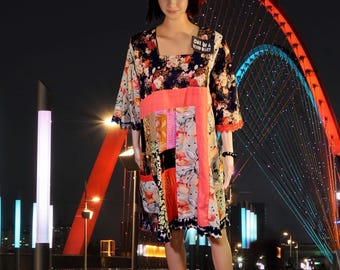 M-XL Upcycled Dress Floral Cotton Patchwork Reworked One of a Kind Boho Chic Handmade Unique Sustainable Fashion Designed Dress Tunic Top
