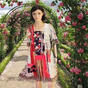 M-XL Upcycled dress cotton patchwork dress handmade floral roses lace party dress midi dress upcycled clothing art blouse tunic shirt dress