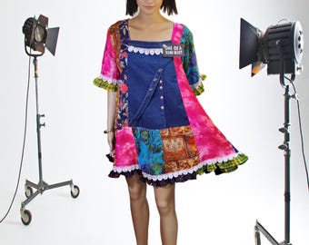 M-L-XL Upcycled designer dress colorful patchwork dress party dress tunic top shirt midi dress repurposed upcycled clothing eco bohemian art