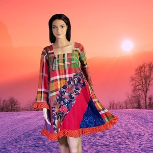 M-L-XL Upcycled dress cotton patchwork plaid asymmetrical edgy twirling dress party dress tunic top shirt dress upcycled clothing midi dress