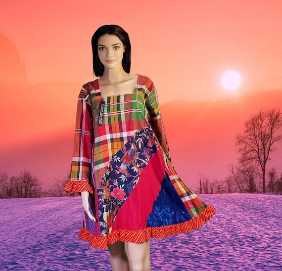 M-L-XL Upcycled Dress Cotton Patchwork Plaid Asymmetrical Edgy