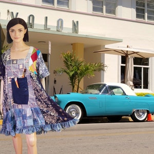 M-L-XL Cotton dress blue jean patchwork denim midi dress party dress art tunic top shirt dress upcycled clothing unique eco slow fashion