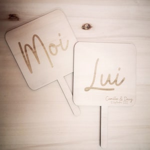 Her / Him Me signs, wedding decoration, wedding game, Wood