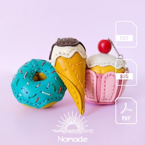 May include: Three handcrafted leather charms shaped like a turquoise donut with sprinkles, a yellow ice cream cone with chocolate topping, and a pink cupcake with a red cherry on top. The image includes file icons labeled DXF, SVG, and PDF.