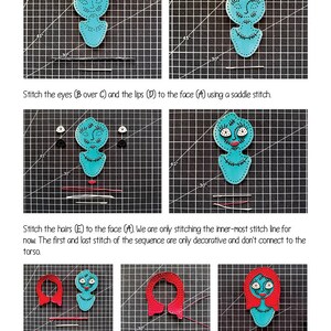 May include: A step-by-step tutorial for making a Nightmare Before Christmas bag charm. The tutorial shows how to stitch the eyes, lips, and hair to the face of the character. The image shows the character's face in various stages of completion.