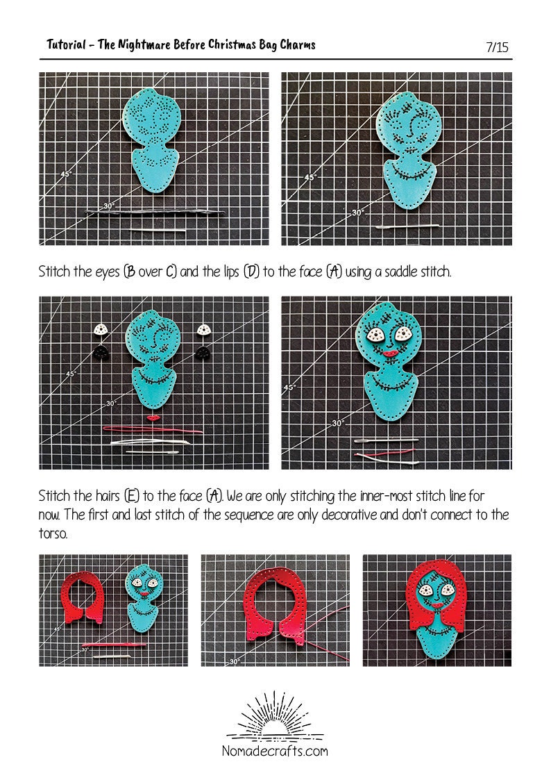 May include: A step-by-step tutorial for making a Nightmare Before Christmas bag charm. The tutorial shows how to stitch the eyes, lips, and hair to the face of the character. The image shows the character's face in various stages of completion.