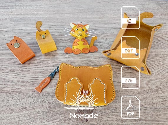 Cat 4 Projects Pack - Coin Purse - Bag Charm - Tray - Cable Organizers | Leathercraft Patterns & Tutorials | PDF Ai DXF SVG
