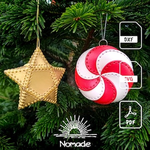 Peut inclure: Une étoile dorée avec des coutures visibles et une décoration en forme de sucette rouge et blanche suspendues à un sapin. L'image contient des icônes de fichiers étiquetées DXF, SVG et PDF, ainsi qu'un logo avec le texte Nomade.