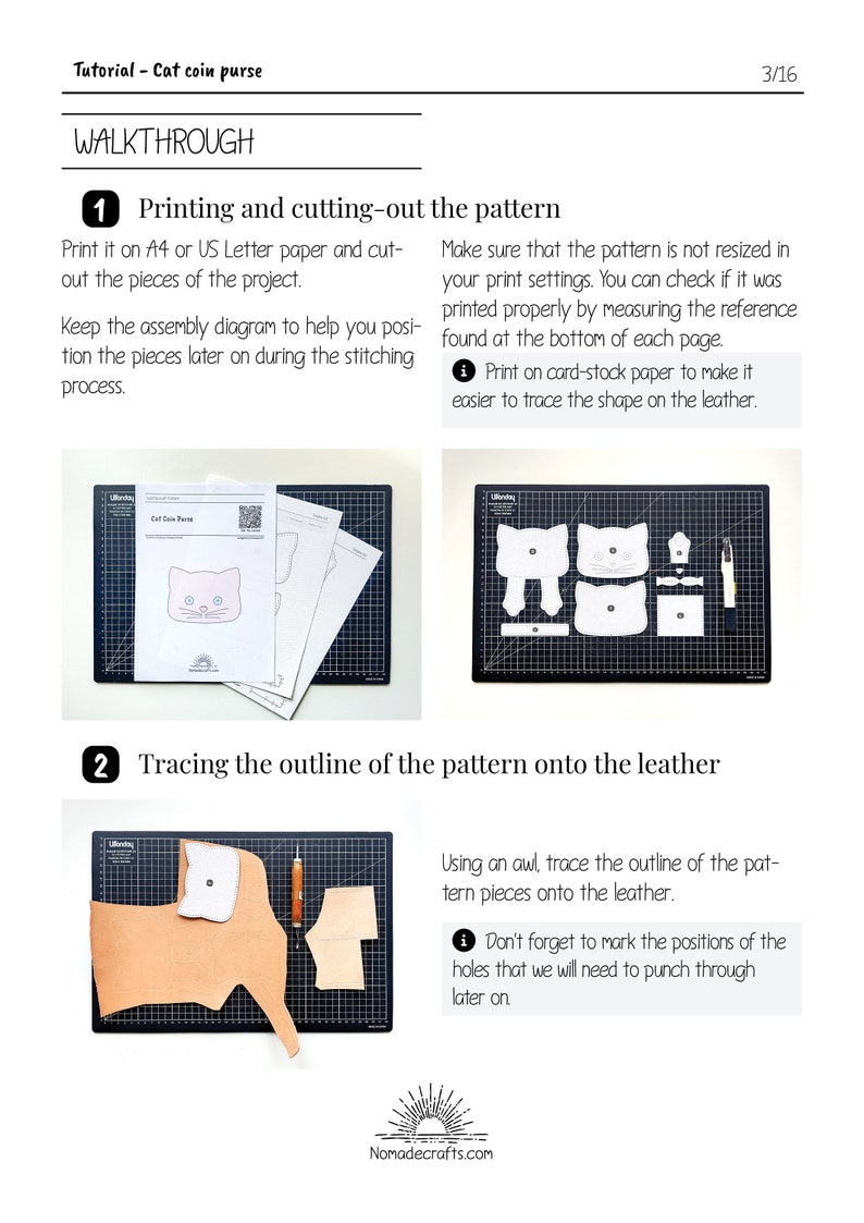May include: A step-by-step guide on how to make a cat coin purse. The image shows the pattern pieces laid out on a cutting mat, along with a leather piece and an awl. The text in the image reads "Printing and cutting-out the pattern" and "Tracing the outline of the pattern onto the leather".