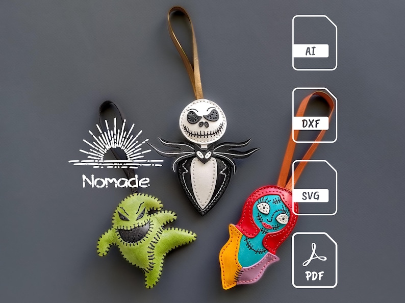 May include: Three leather Halloween character ornaments: a green and black stitched  'Oogie Boogie' character, a white and black stitched 'Jack Skellington' character, and a red, blue, yellow, and pink stitched 'Sally' character. The ornaments are hanging from brown leather cords. The image also includes file type icons for AI, DXF, SVG, and PDF.