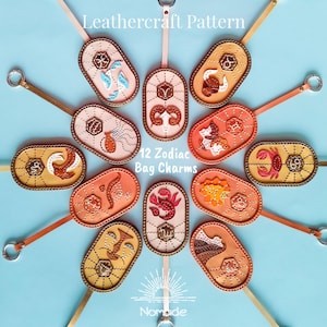 May include: Twelve leather bag charms, each depicting a zodiac sign. The oval-shaped charms feature detailed designs and are attached to leather straps. The image includes the text "Leathercraft Pattern" and "12 Zodiac Bag Charms".