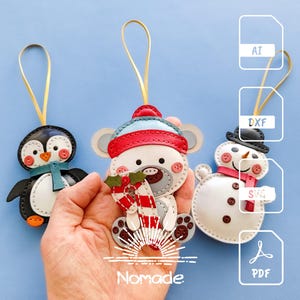 3 breloques de sac hiver - Bonhomme de neige et ours en peluche pingouin | Pack de motifs de maroquinerie et tutoriel | PDF IA DXF SVG