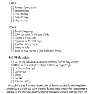 May include: A list of requirements and materials needed to make Nightmare Before Christmas themed bag charms. The list includes skills like painting and stitching, tools like a stitching prong and a hole punch, and materials like leather, thread, and beeswax.