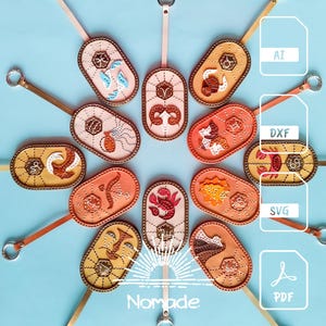 Pendentifs de sac 12 signes du zodiaque | Pack de motifs de maroquinerie et tutoriel | Pdf Ai DXF SVG