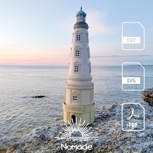 May include: A cream-colored lighthouse model with multiple levels, windows, and a teal-colored top lantern room. The image includes file format icons labeled DXF, SVG, and PDF, along with a sunrise graphic and the text Nomade at the bottom.