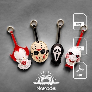 May include: Four horror-themed keychains featuring iconic character masks, including a clown, a hockey mask, a ghost mask, and a puppet face. Each keychain has a metal ring and a leather strap. The image includes file icons labeled DXF, SVG, and PDF.