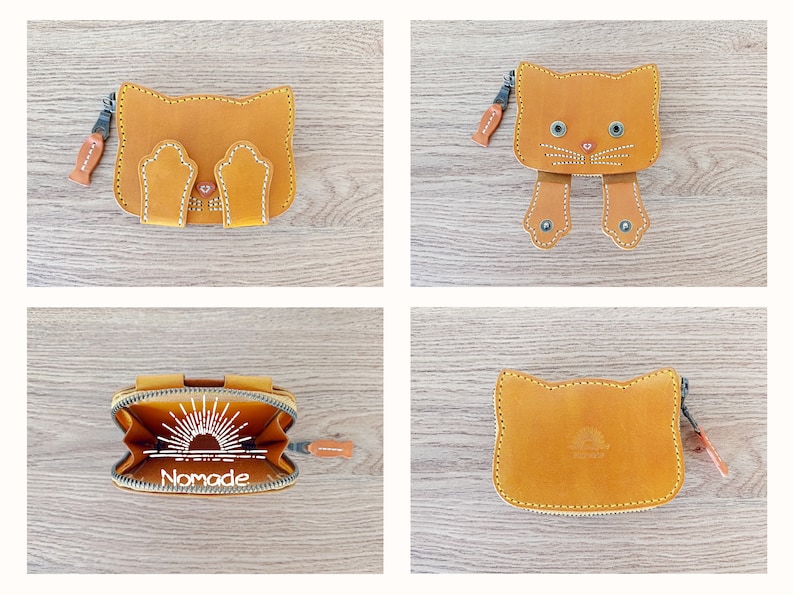 May include: Four different views of a brown leather wallet with a cat design. The wallet has a zip closure and a small pocket on the front. The wallet is open in one view, showing a white sun design with the word "Nomade" printed on the inside.