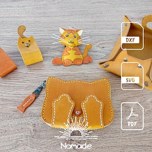 4 Cat Themed Leather Patterns: Coin Purse, Charm, Tray, and Cable Organizers