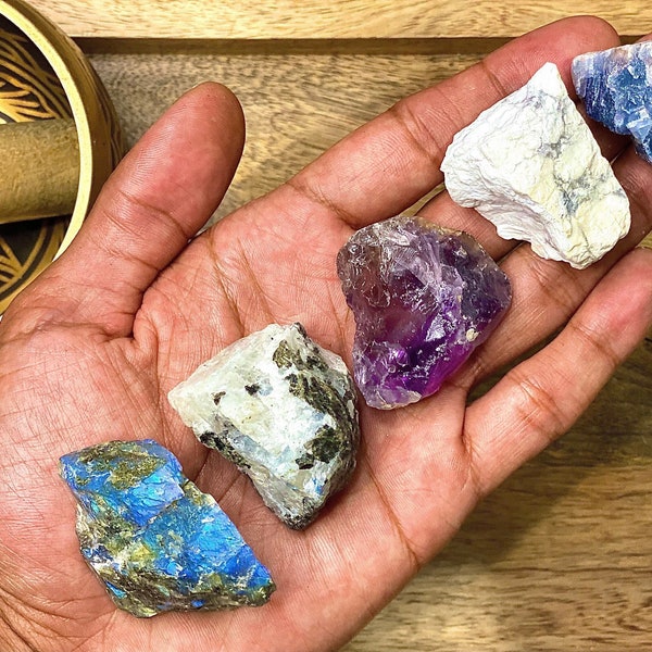 Better Sleep & Dreams Raw/Rough Healing Crystal Set - Amethyst, Labradorite, Moonstone, Howlite, and Blue Calcite