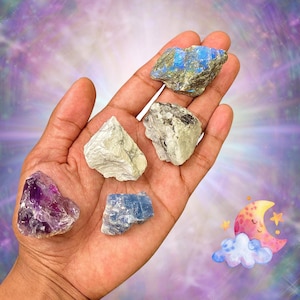 Better Sleep & Dreams Raw/Rough Healing Crystals - Set of 5 - 1-2&quot; Amethyst, Labradorite, Moonstone, Howlite, and Blue Calcite