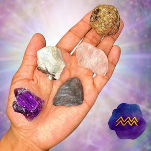 Aquarius Healing Crystals: Amethyst, Rose Quartz, Garnet, Hematite, Moonstone Set