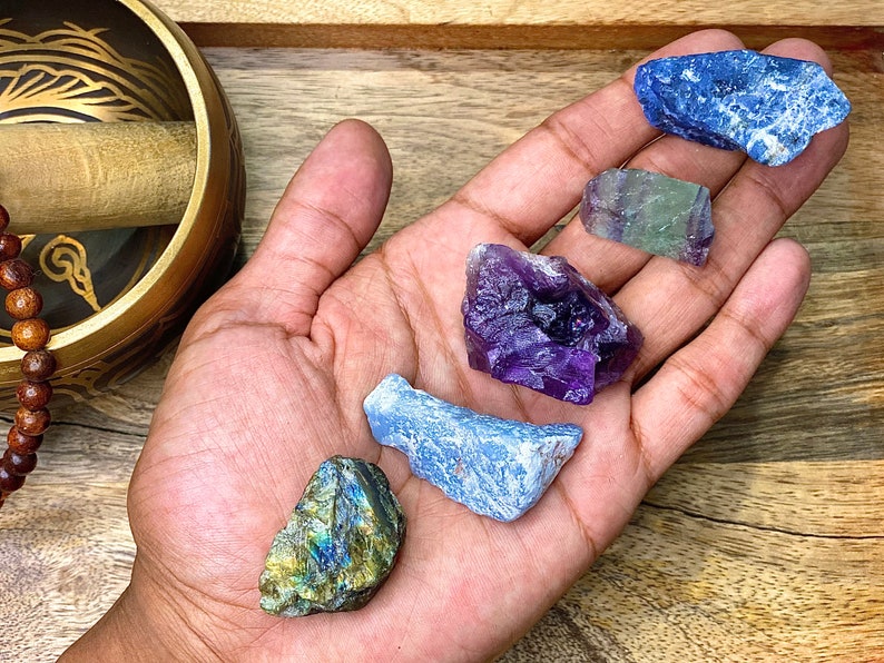 Third Eye Chakra Rough / Third Eye Chakra Raw Healing Crystal Set Amethyst, Labradorite, Fluorite, Sodalite, Angelite image 1