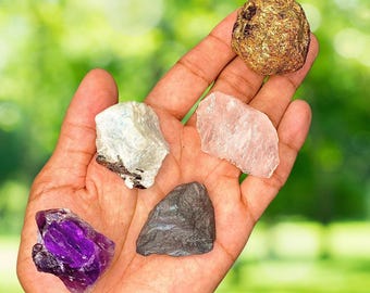 Aquarius Raw/Rough Healing Crystal Set: 1-2" Amethyst, Rose Quartz, Garnet, Hematite, Moonstone