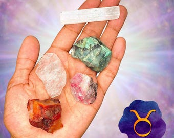 Taurus Zodiac Crystals: Rough Emerald, Selenite, Rose Quartz Set
