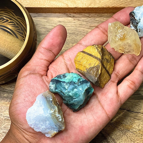 Gemini Rough / Gemini Raw Healing Crystal Set - Emerald, Moonstone, Tiger's Eye, Citrine, and Agate