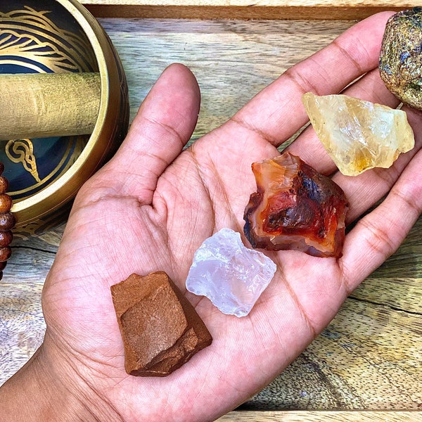 Aries Rough / Aries Raw Healing Crystal Set - Clear Quartz, Citrine, Carnelian, Garnet, and Red Jasper