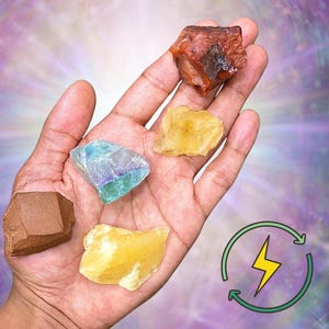 Energie- en motivatiekristalset: ruwe citrien, carneool, calciet, fluoriet, jaspis