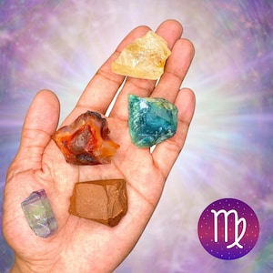 Virgo Rough/Raw Healing Crystals - Set of 5 - 1&quot;-2&quot; Citrine, Carnelian, Fluorite, Moss Agate, and Red Jasper