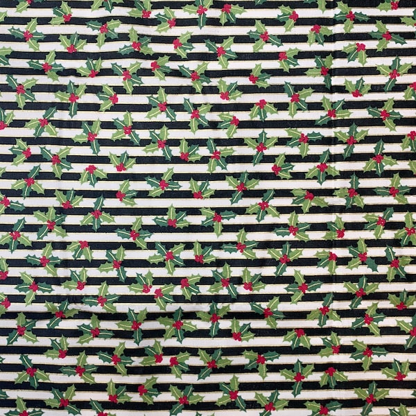 Black and White Striped Holly Christmas Fabric / 100% Cotton Fabric / Metallic Christmas Fabric