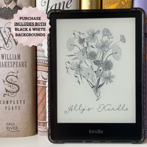 May include: A black and white image of a bouquet of flowers on a white background. The image is displayed on a Kindle e-reader. The text "Alli's Kindle" is written in cursive on the screen.