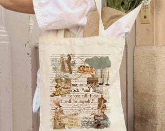 Jane Eyre Tote Bag, Jane Eyre Gift for Girlfriend, Jane Eyre Quote I am not an angel; I will be myself, Book Purse, Bronte Book Club Gift