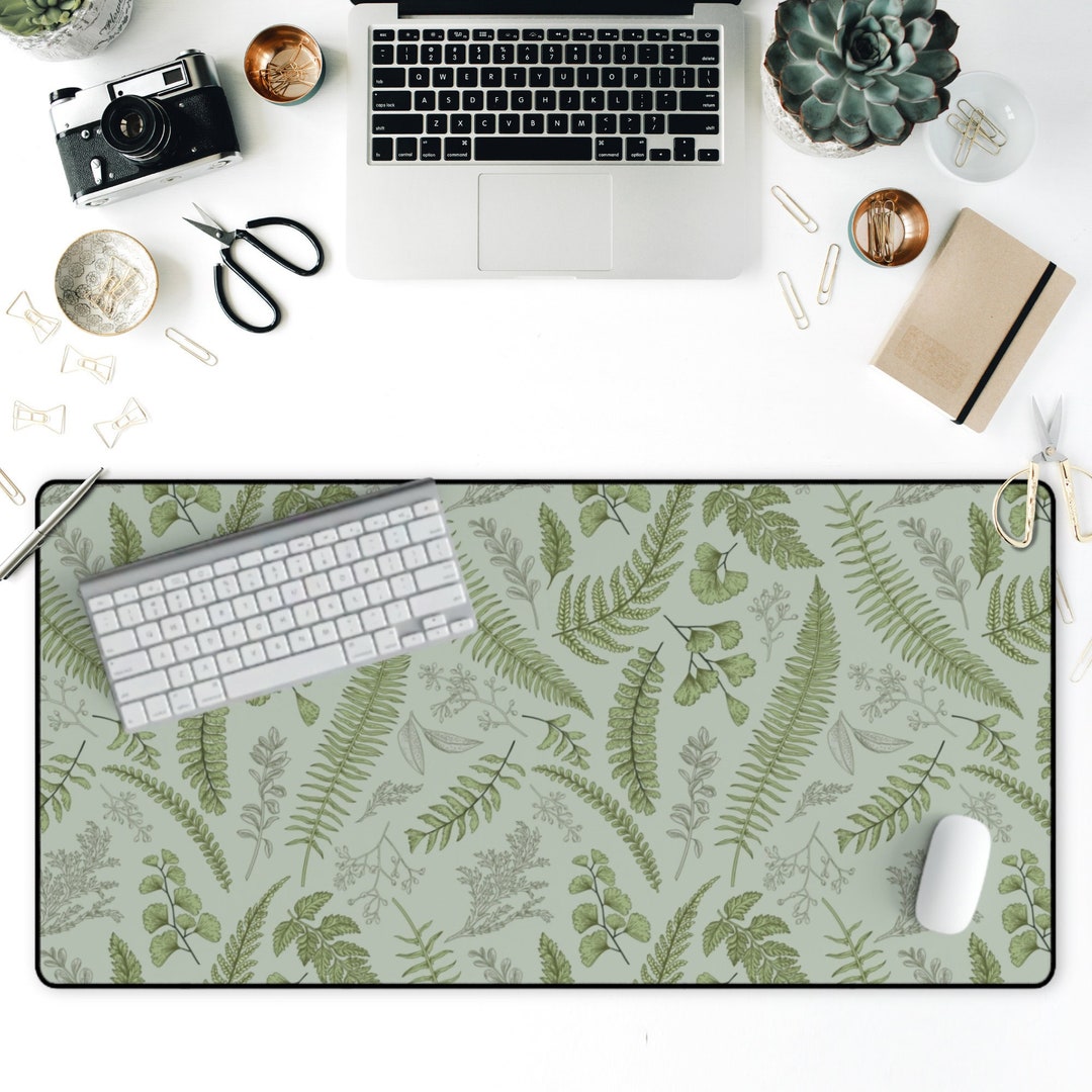 Sage Green Cottagecore Desk Mat Botanical Green Floral Large Mouse Pad