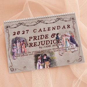 May include: A 2027 wall calendar titled Pride & Prejudice by Jane Austen. The cover features vintage watercolour illustrations by C.E. Brock, decorative border flourishes, and text stating it includes passages from the book by Jane Austen.