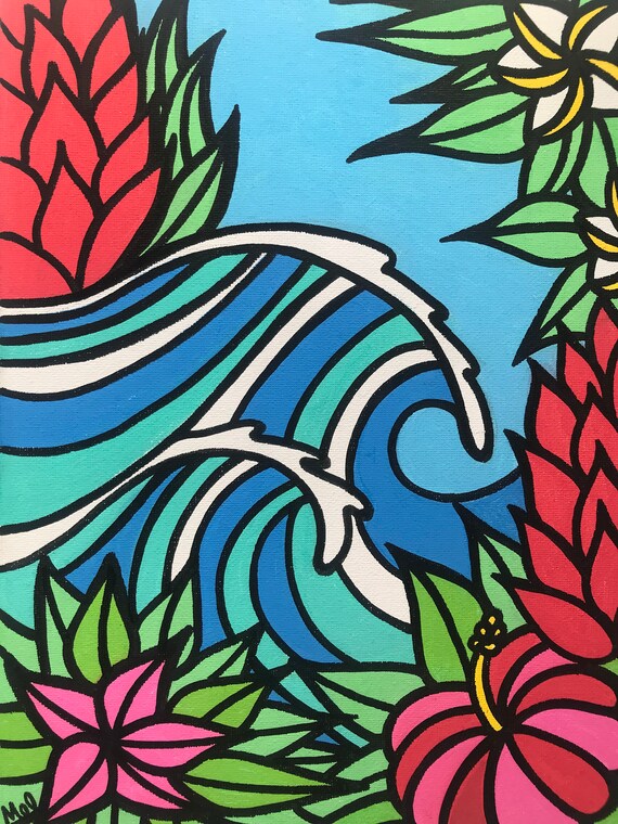 Whimsical Wave Painting - surf art - Maui art - wave wall art - Original  Acrylic Painting on 16x12” cotton stretched canvas
