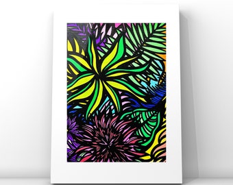 May include: A colourful abstract painting featuring a variety of tropical plants and flowers. The artwork is done in a bold, graphic style with black outlines and bright colours, including green, yellow, blue, pink, and red.