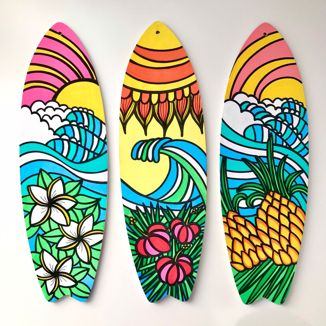 Pineapple, Surfboard Wall Decor, Made to Order, Hand Painted, Wood