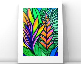 May include: A colourful abstract painting of tropical flowers and leaves in shades of pink, orange, yellow, green, and blue.