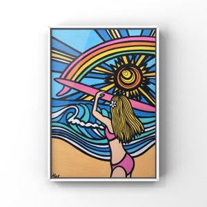 Surfer Girl- Original Art, Original Painting, Acrylic Painting, Surf Art, 9” x 12” Wrapped Canvas