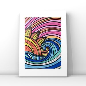Puede incluir: Una ilustración abstracta colorida de un sol y una ola. El sol es una flor estilizada con pétalos naranja, amarillo y rosa. La ola es azul, verde y blanca con un patrón de remolino.