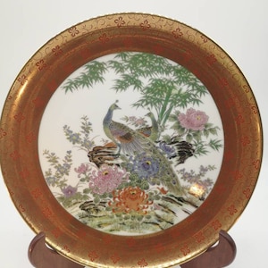 Vintage Japanese gilded peacock bamboo plate