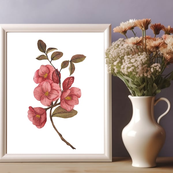 Watercolor Flower Art Print, Flowering Quince Painting, Floral Wall Art, Red Flower Art Print, Watercolor Quince Flower