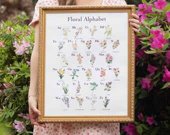 ALPHABET FLORAL, Fleurs aquarelles, impression d’art alphabet, alphabet en fleurs aquarelles, impression d’art pour enfants ABC