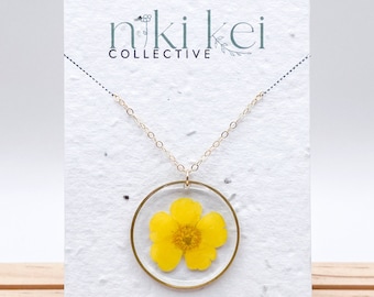 Real Pressed Buttercup Flower Circle Necklace on 14k Gold Filled Chain