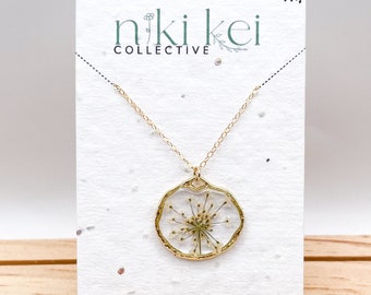 Real Pressed Queen Anne&#39;s Lace Dainty Necklace on 14k Gold Filled Chain