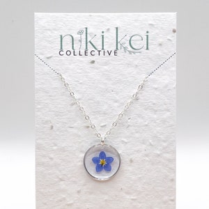 Real Pressed Forget Me Not Flower Dainty Necklace with Sterling Silver Chain